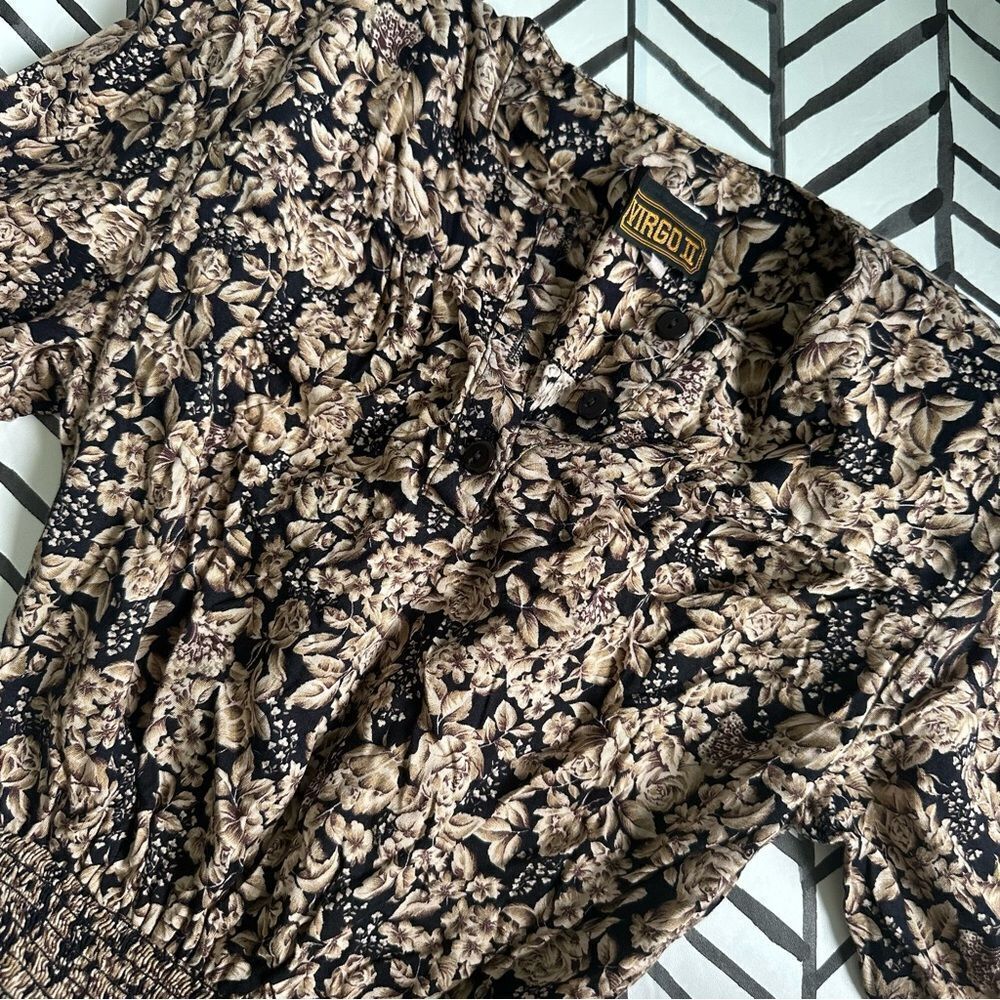 Vintage Virgo II Size 6 Neutral Floral A-Line Long Sleeve Midi Dress